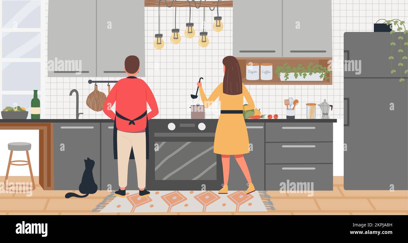 Family cooking at home. Man and woman making soup in kitchen interior. Couple preparing food together for dinner. Salad and bottle of wine on table ve Stock Vector