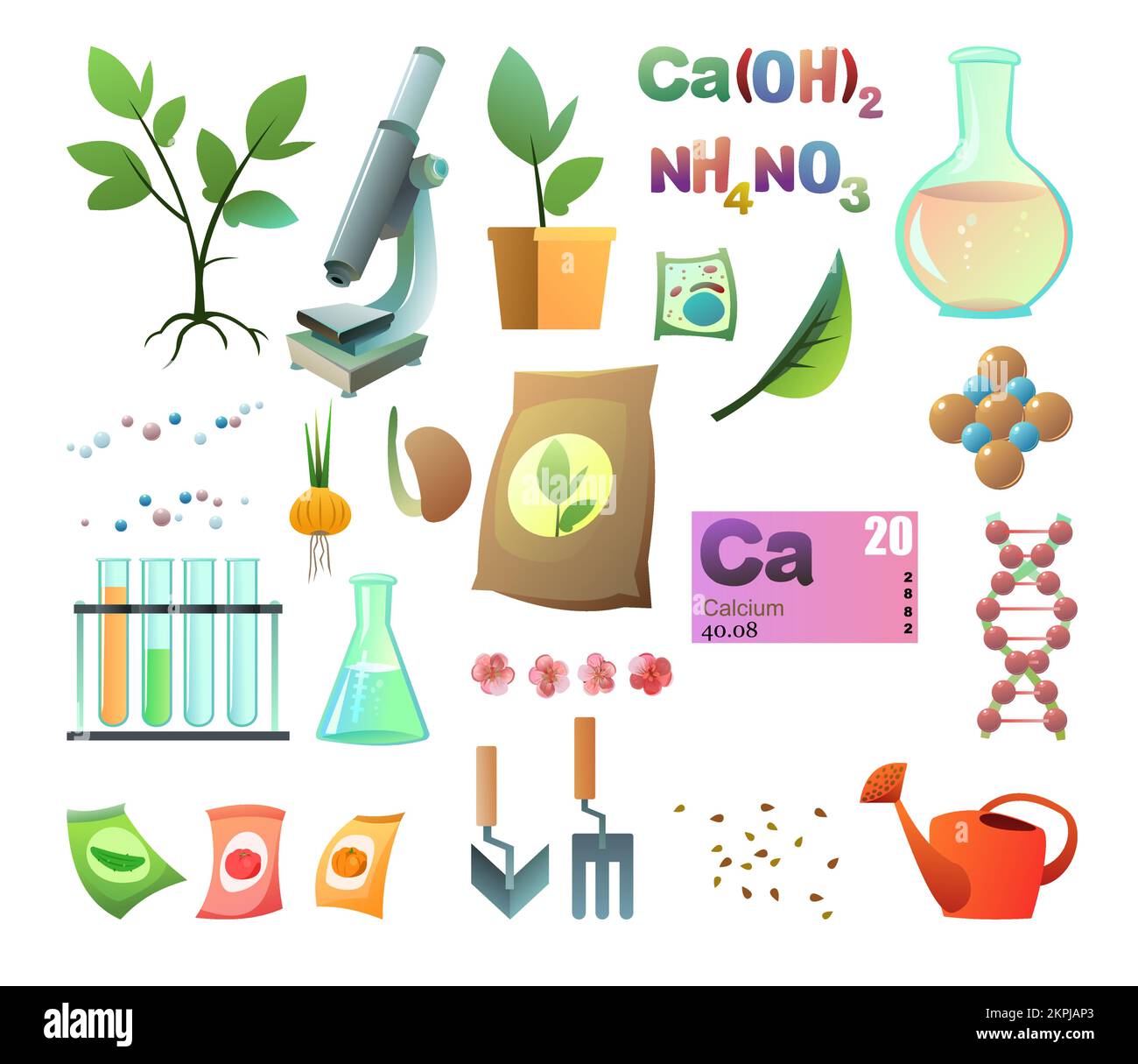 Set Chemistry and natural fertilizers objects. Introduction of mineral and organic top dressing to increase yield of vegetables and fruit trees Stock Vector