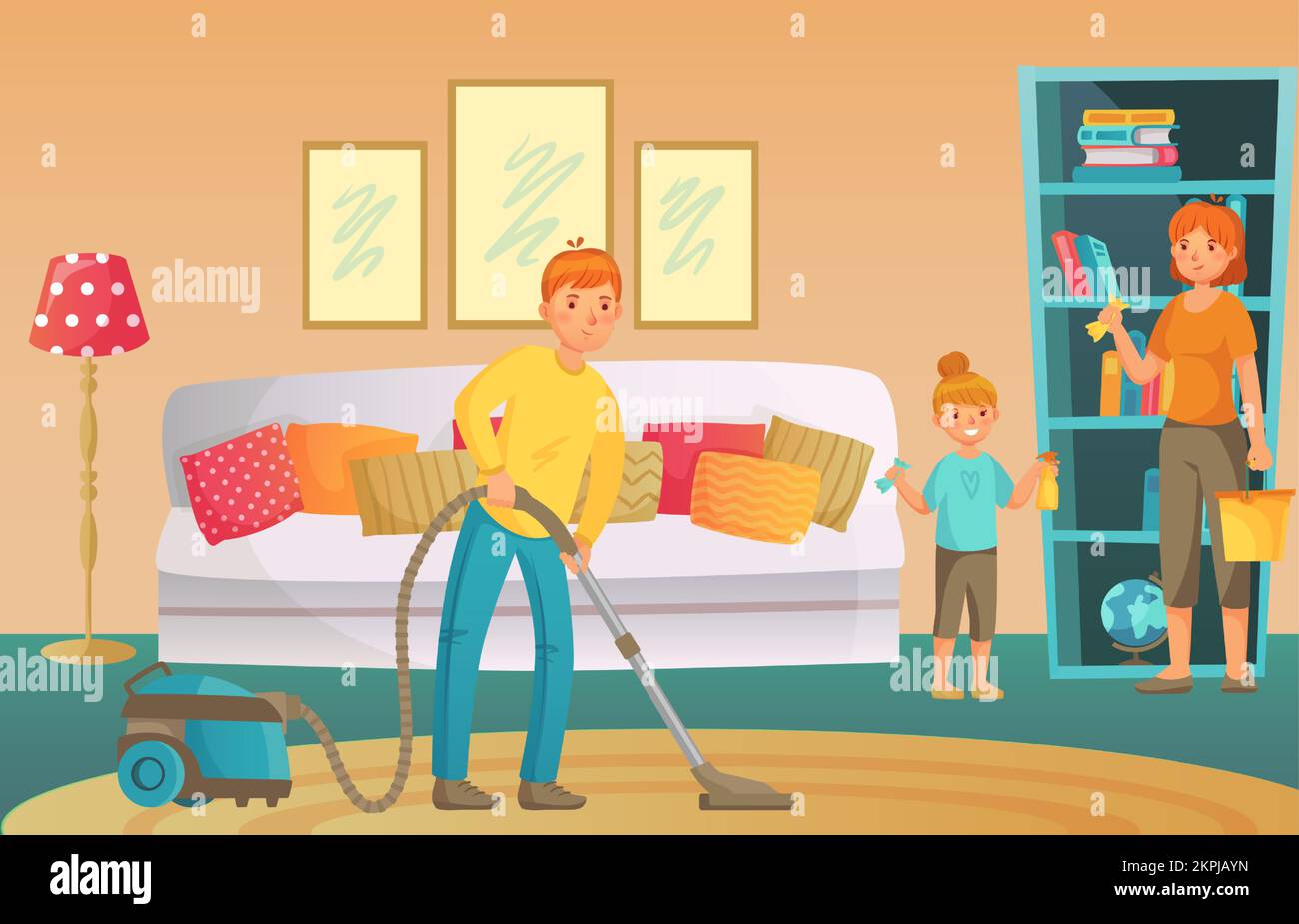 Family housework. People cleaning living room together. Father