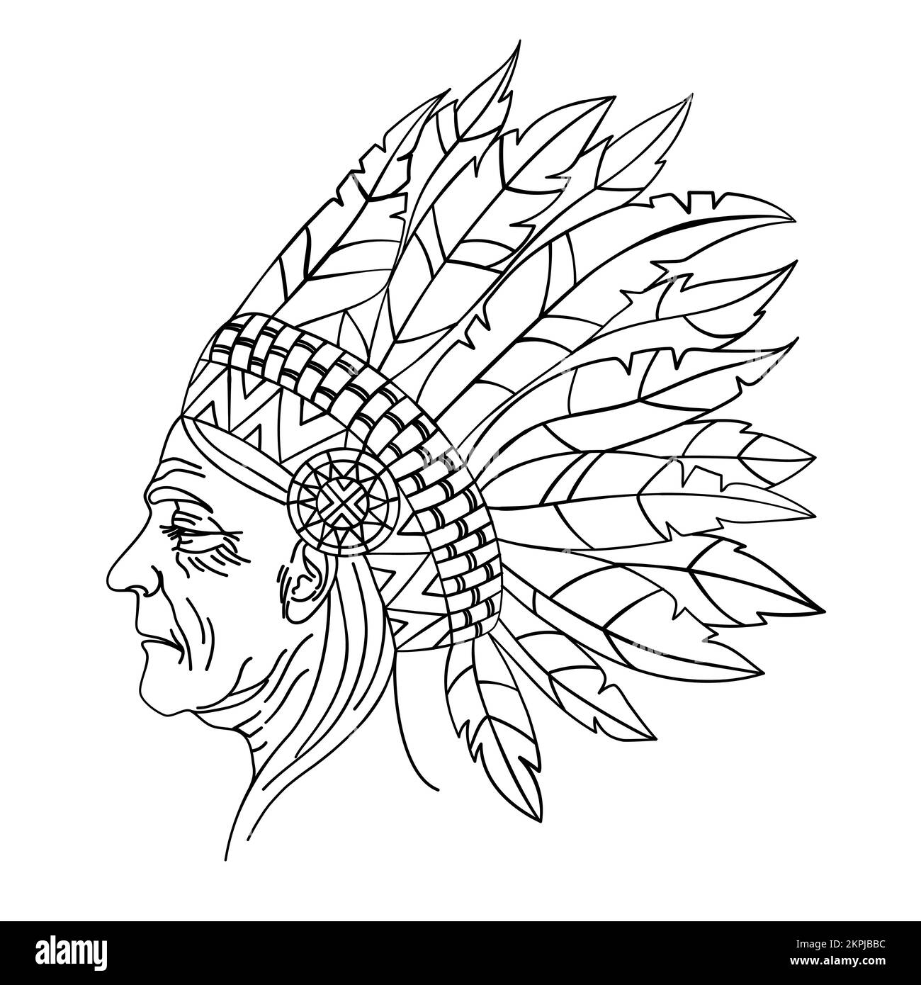 WIFE OF AN INDIANS LEADER Wise Old Woman With Wrinkles On Her Face In National Headdress Monochrome Portrait Cartoon Clip Art Vector Illustration Set Stock Vector