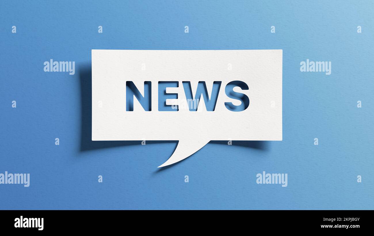 News text for newsletter, latest news, breaking news, blog website. Cut out paper speech bubble on blue background for banner, headline background. Co Stock Photo