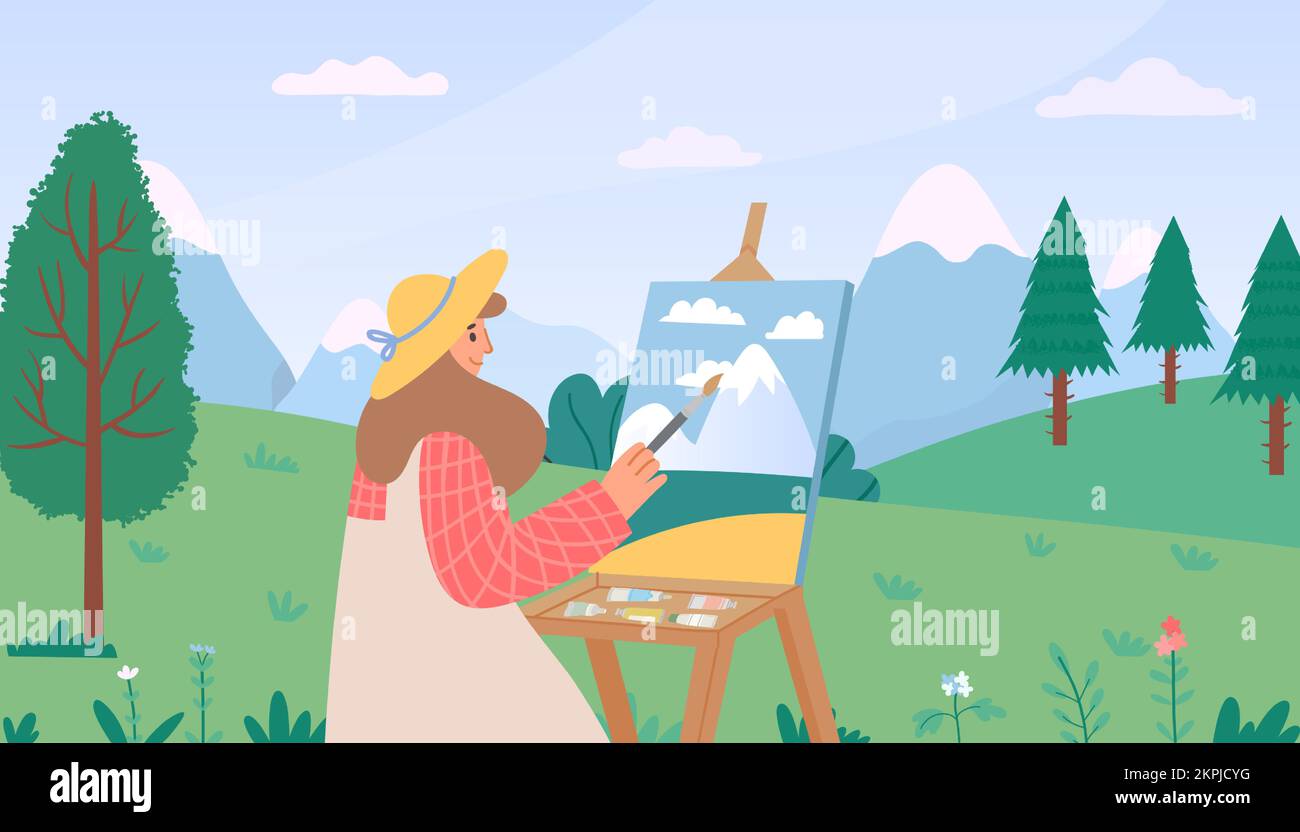 Female artist painting summer nature. Woman in hat sitting outdoor on green lawn and drawing mountains landscape. Person painting with brush and water Stock Vector