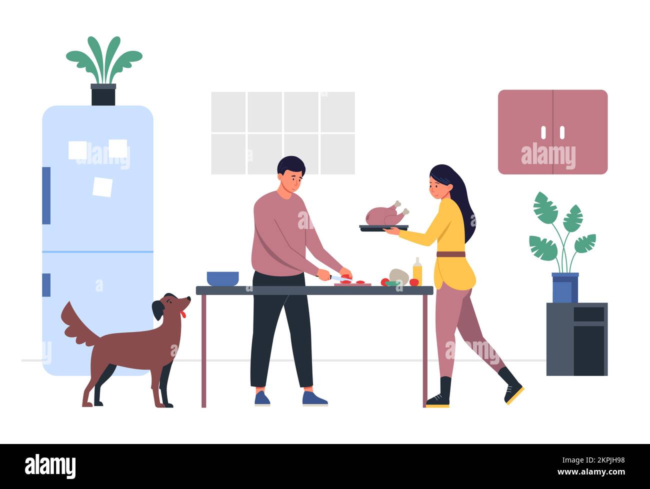 People cooking dinner in kitchen. Man cutting vegetables, woman carrying chicken. Couple preparing food together, dog looking at table. Happy family m Stock Vector