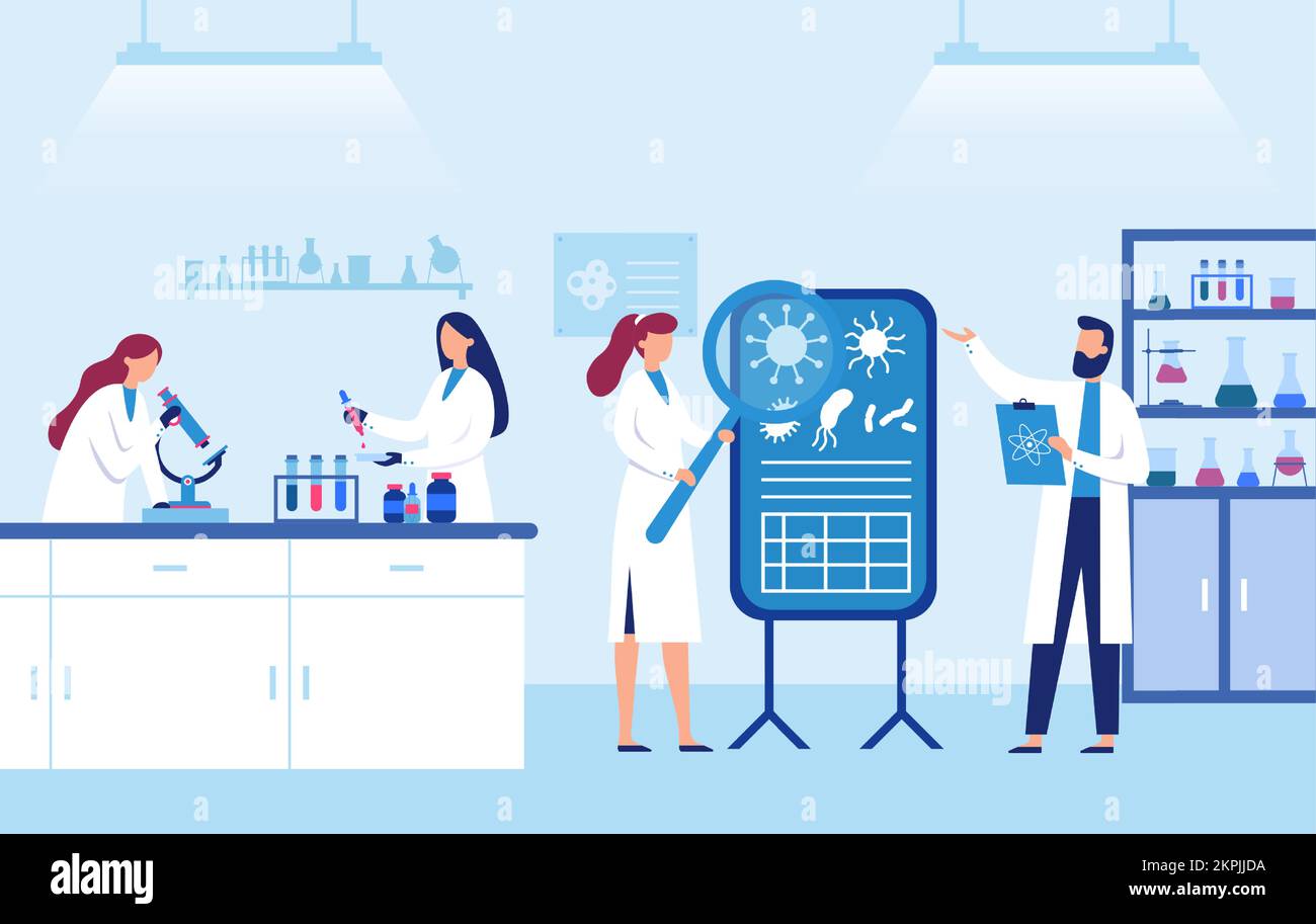 Scientists work in laboratory. Man and female lab workers in white coats researching virus elements with magnifying glass. Chemists looking at microsc Stock Vector