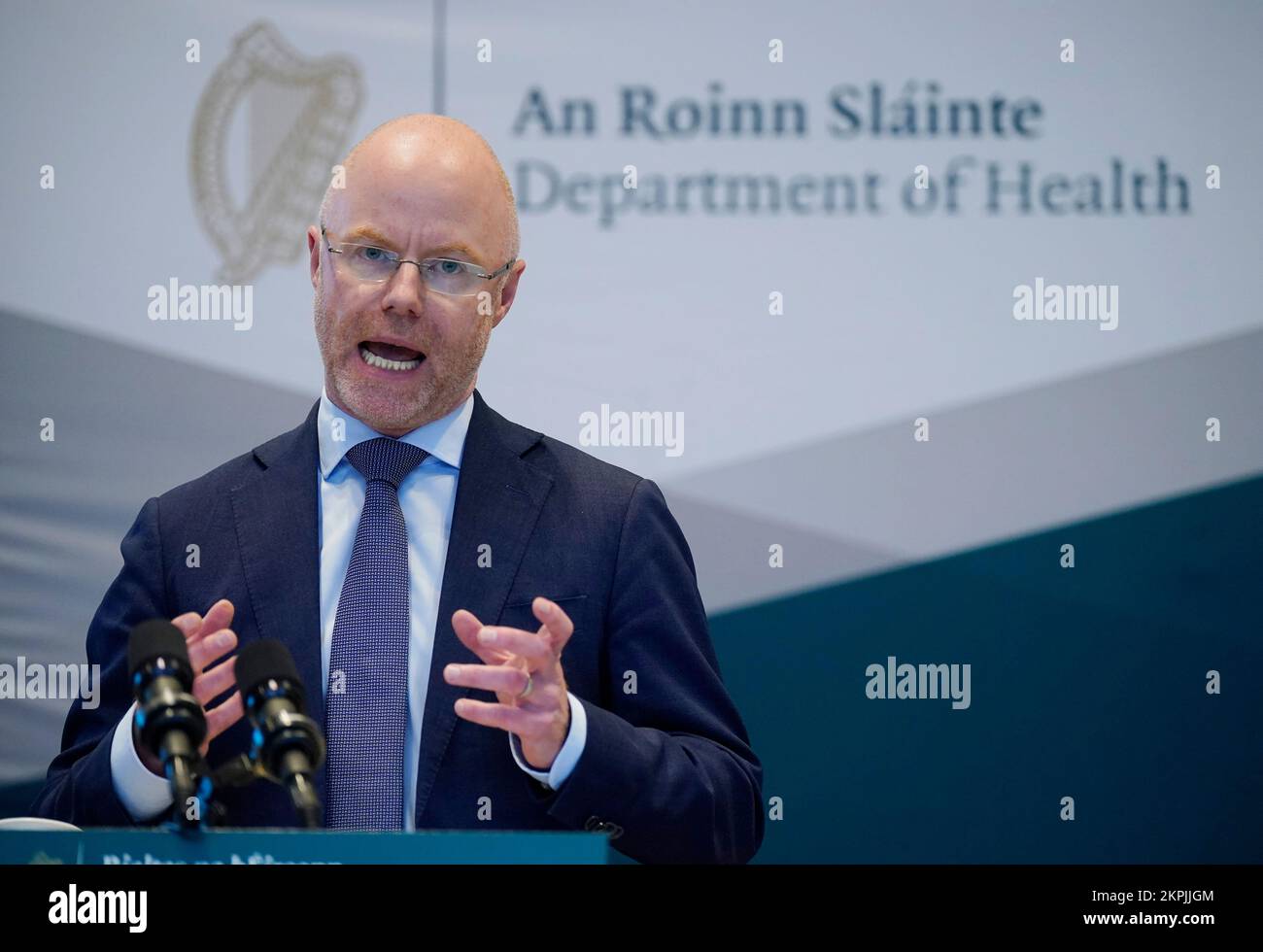 Health Minister Stephen Donnelly speaking at the launch of the first national Traveller health action plan at the Department of Health in Dublin. Picture date: Monday November 28, 2022. Stock Photo