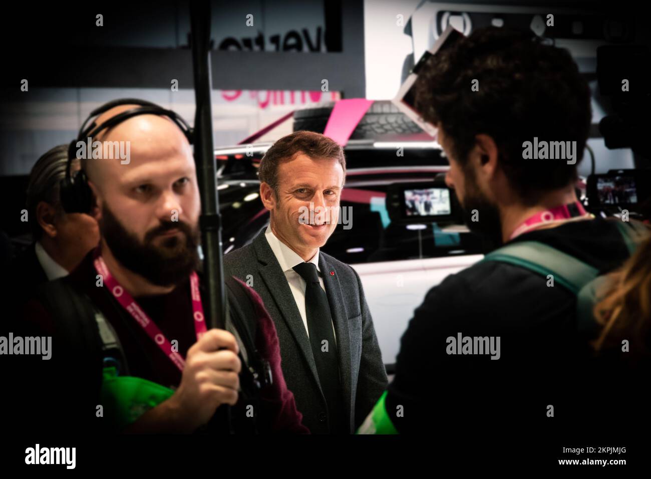 President of France, Emmanuel Macron, visiting the opening day of the Paris Motor Show, France - October 17, 2022. Stock Photo