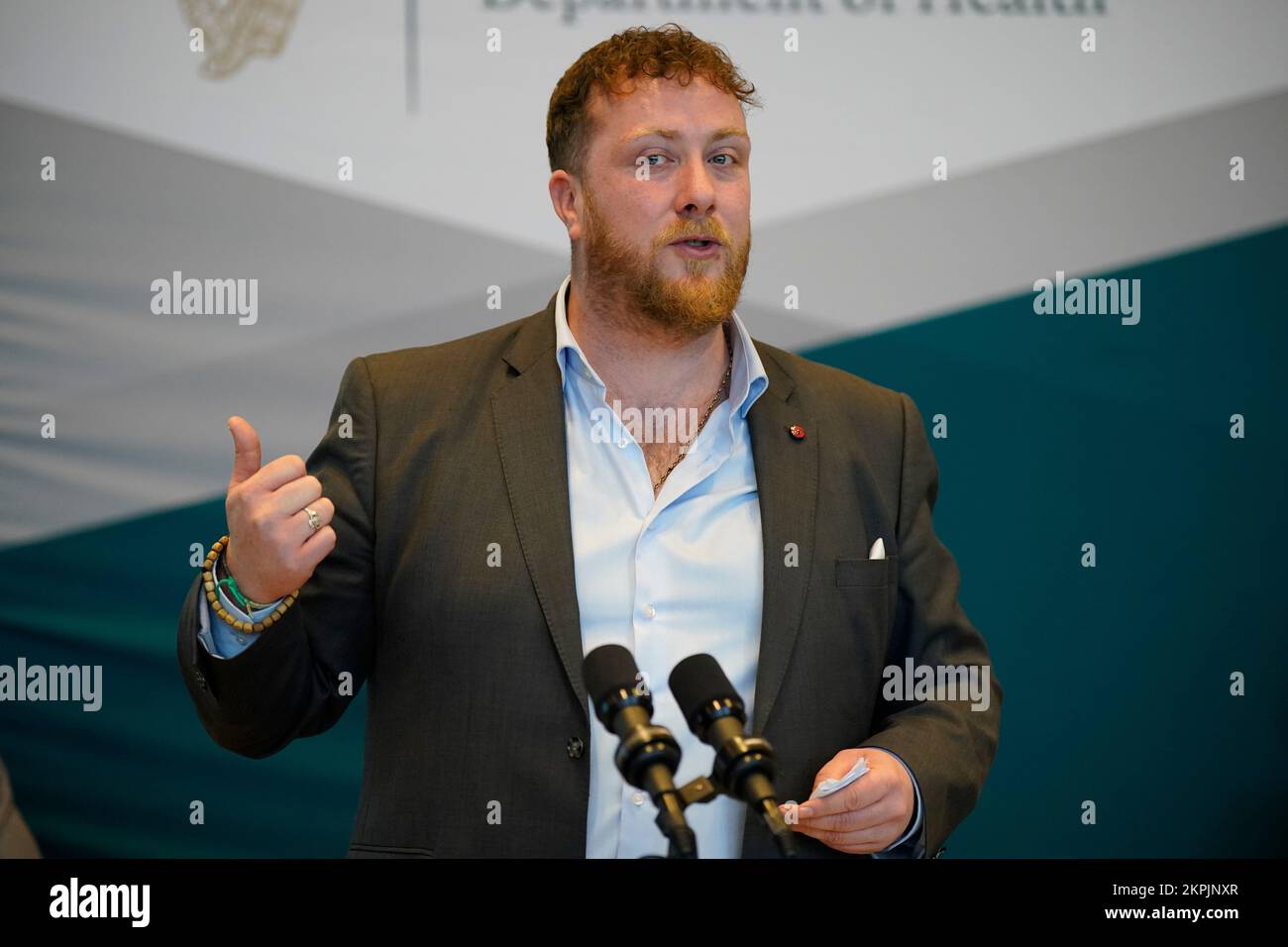 Comedian Martin Beanz Warde speaking at the launch of the first national Traveller health action plan at the Department of Health in Dublin. Picture date: Monday November 28, 2022. Stock Photo