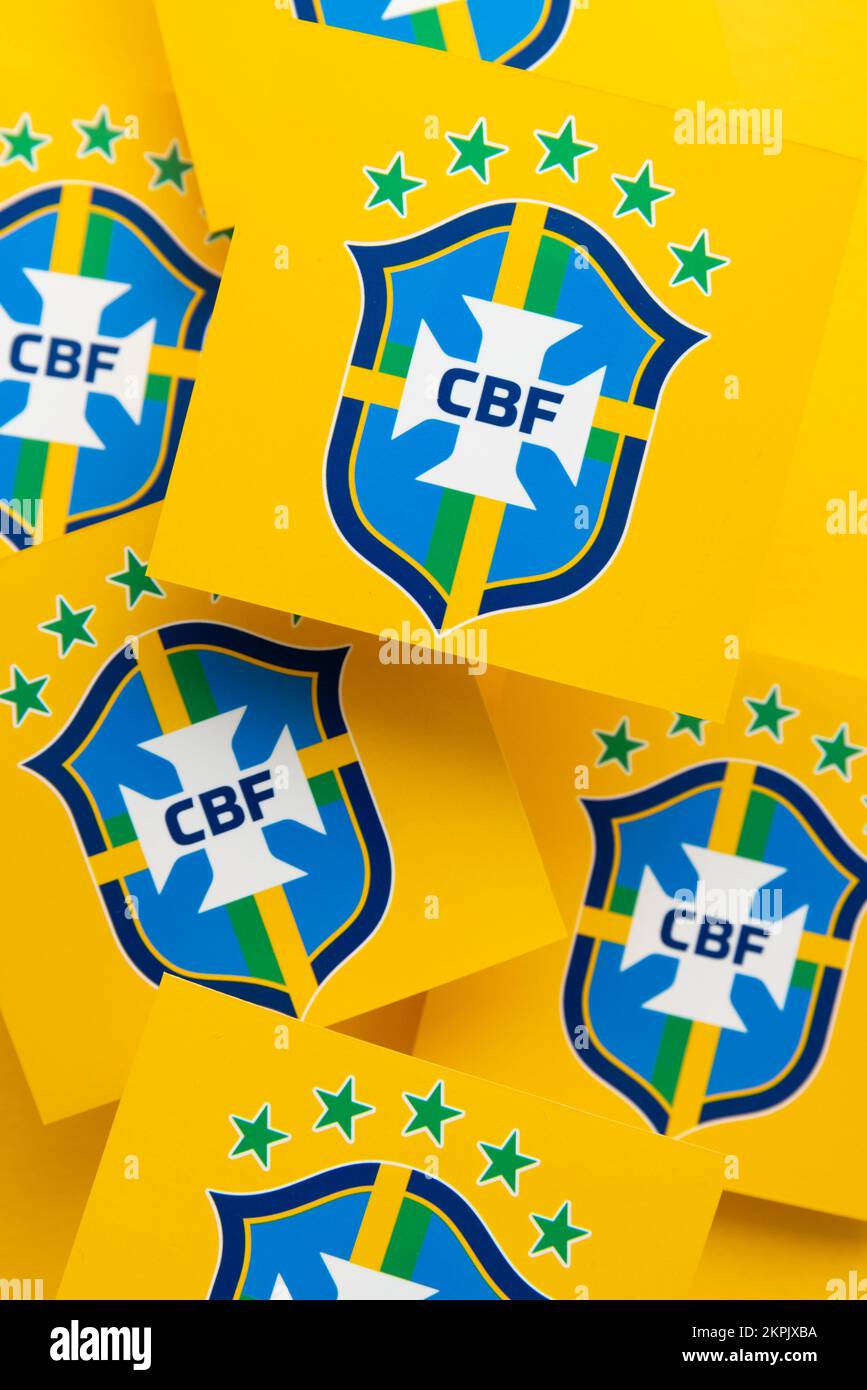 LONDON, UK - December 2022: Brazil national football team logo Brazilian football confederation emblem badge Stock Photo
