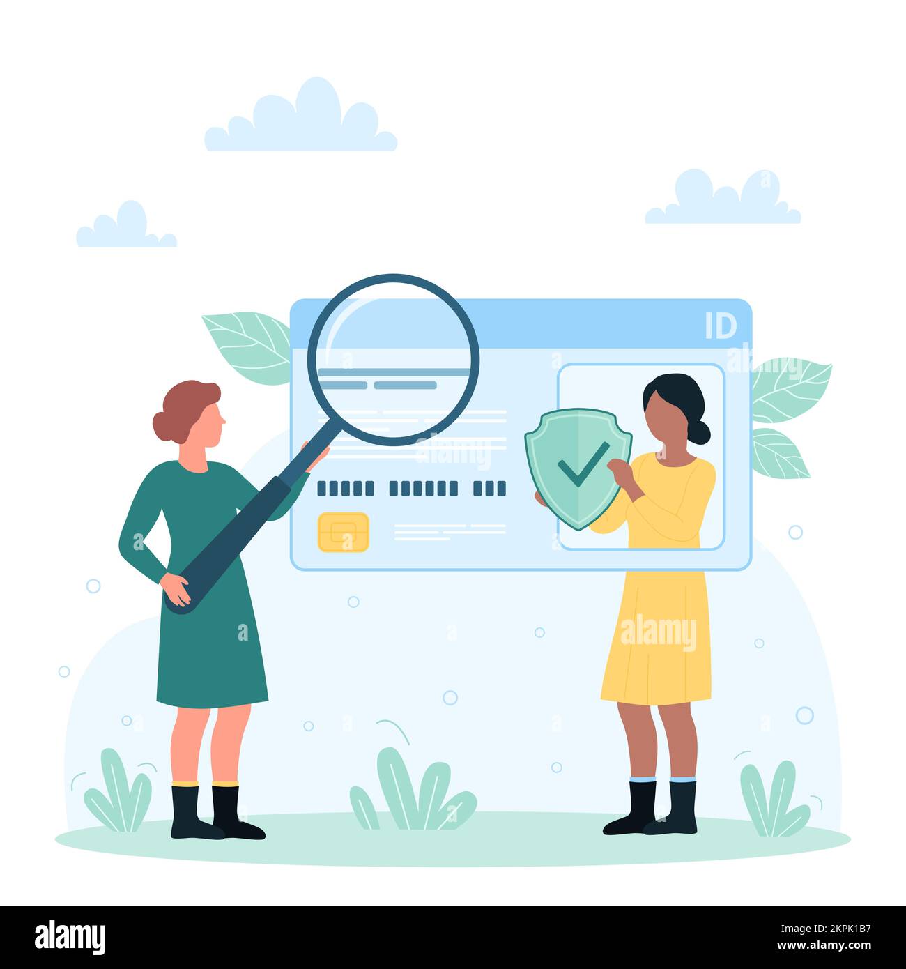 ID card, persons data identification vector illustration. Cartoon tiny characters protect and save confidential information with security shield, check document on badge with magnifying glass Stock Vector