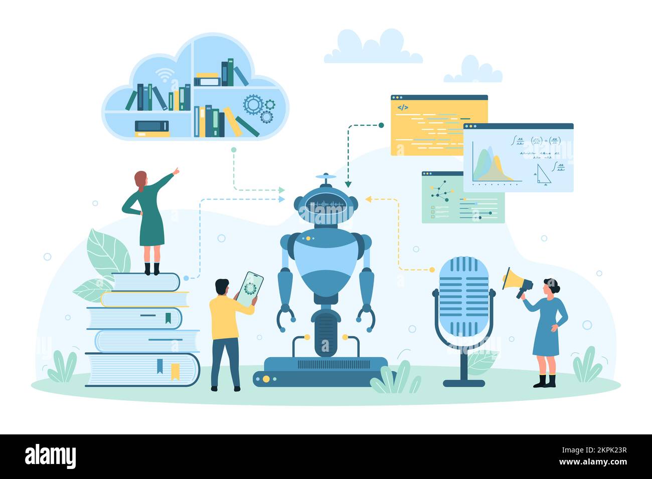 AI and machine learning technology vector illustration. Cartoon tiny people share digital books of online cloud library, audio courses to training robot, engineers search algorithms for bot education Stock Vector