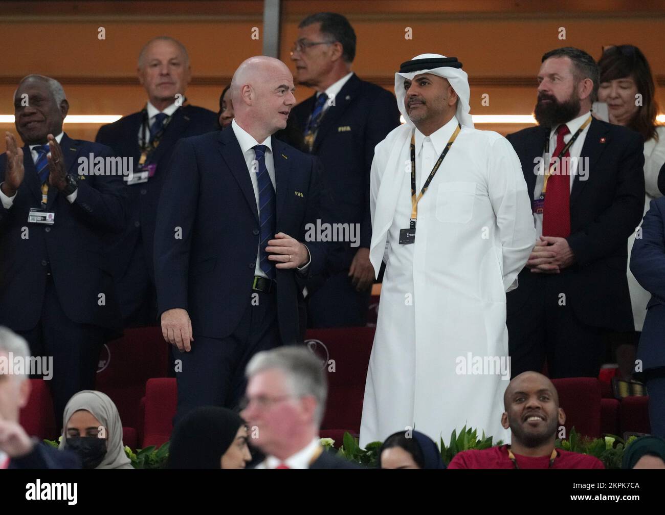 FIFA President Gianni Infantino (left) and Sheikh Khalid bin Khalifa bin Abdul Aziz Al Thani in the stands before the FIFA World Cup Group G match at Stadium 974 in Doha, Qatar. Picture date: Monday November 28, 2022. Stock Photo