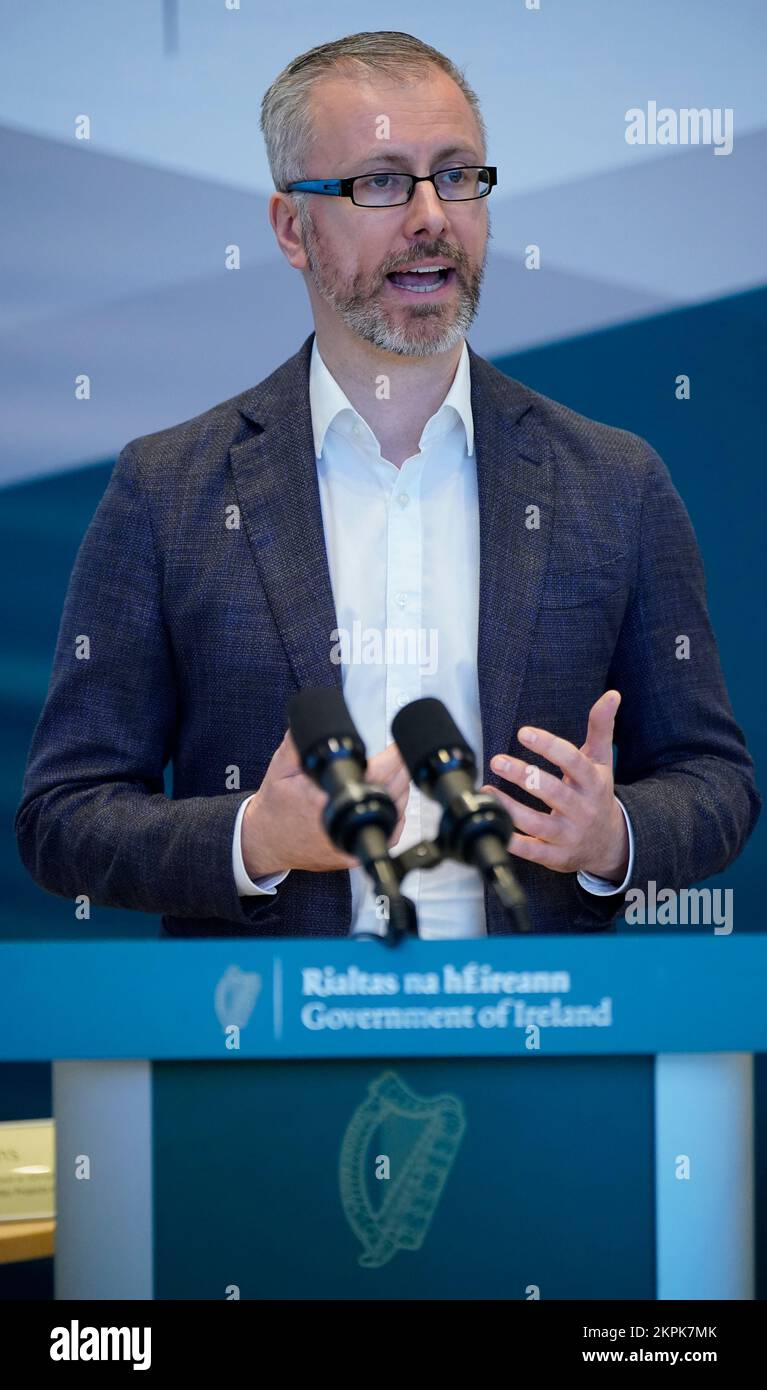 Minister for Children Roderic O'Gorman speaking to the media about protests at an Asylum seekers centre in East Wall Road at the Depatment of Health in Dublin. Picture date: Monday November 28, 2022. Stock Photo