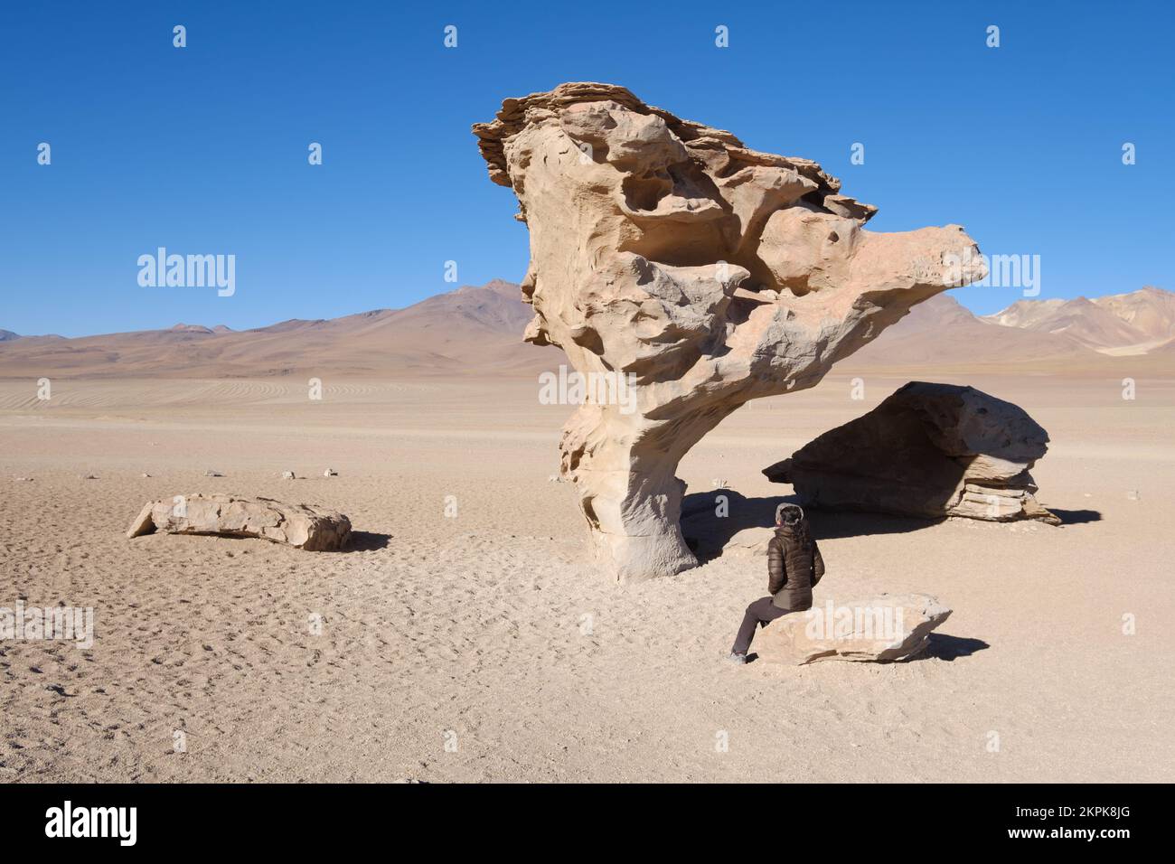 Female tourist admiring the iconic Árbol de Piedra or Rock Tree in the ...