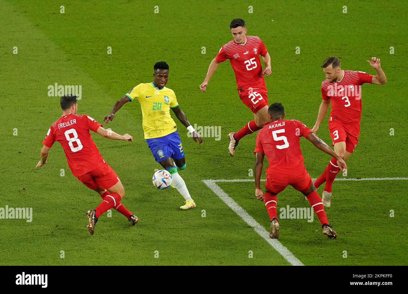 Brazil's Vinicius Junior takes on the Switzerland defence during the FIFA World Cup Group G match at Stadium 974 in Doha, Qatar. Picture date: Monday November 28, 2022. Stock Photo