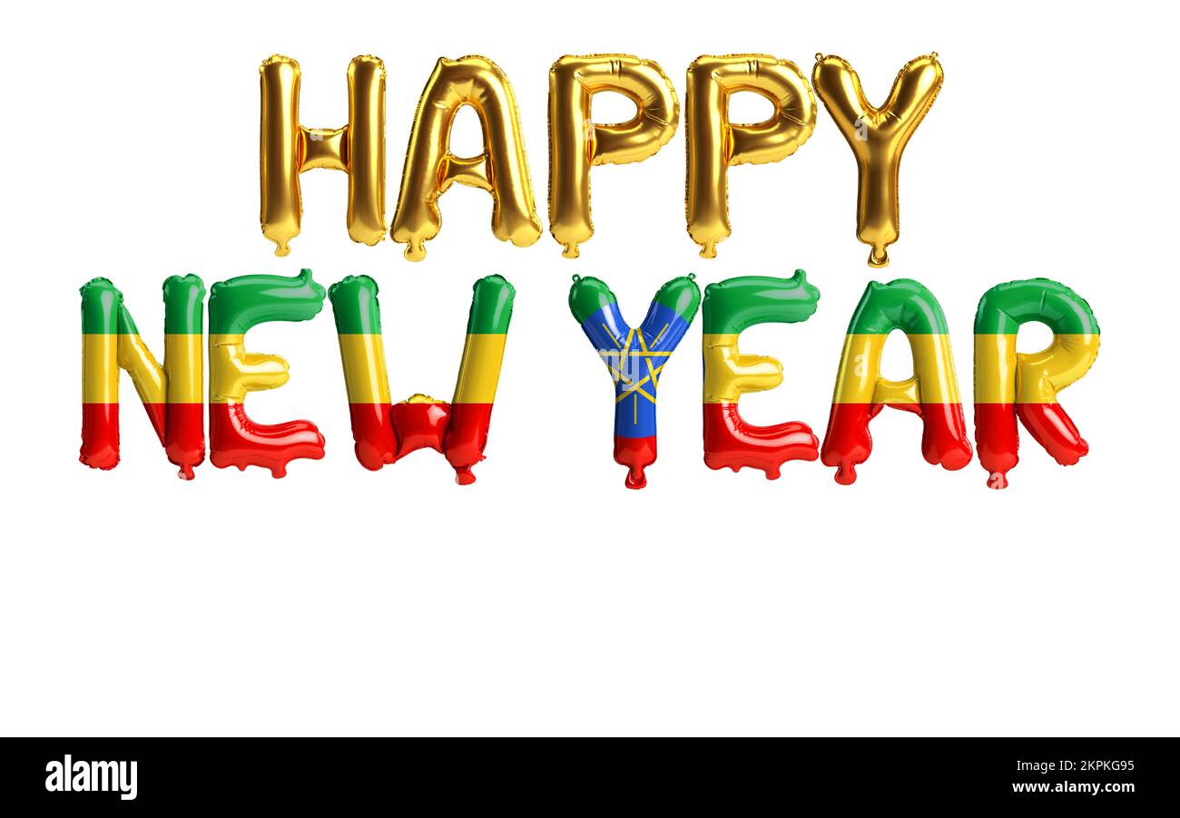 3d illustration of happy new year letter balloons with Ethiopia flag ...