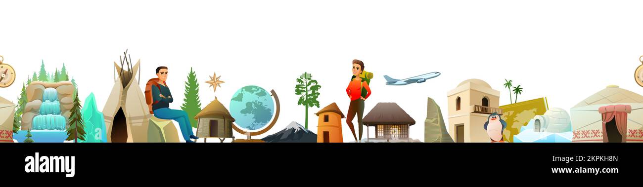 World geography. Seamless bottom border. Cartoon style. Travel items and plants trees of climatic zones. Dwellings of different peoples of countries Stock Vector