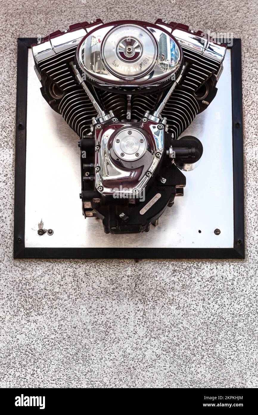 Engine Wall Motorcycle Las Vegas, USA - 24th April 202: A chrome Harley Davidson motorbike ...