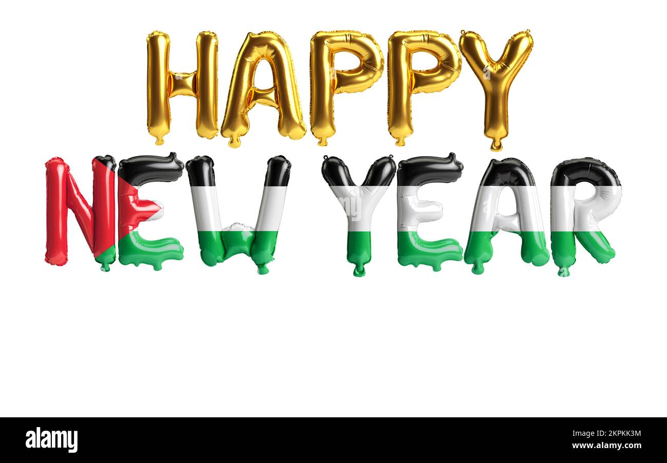 3d illustration of happy new year letter balloons with Palestine flag