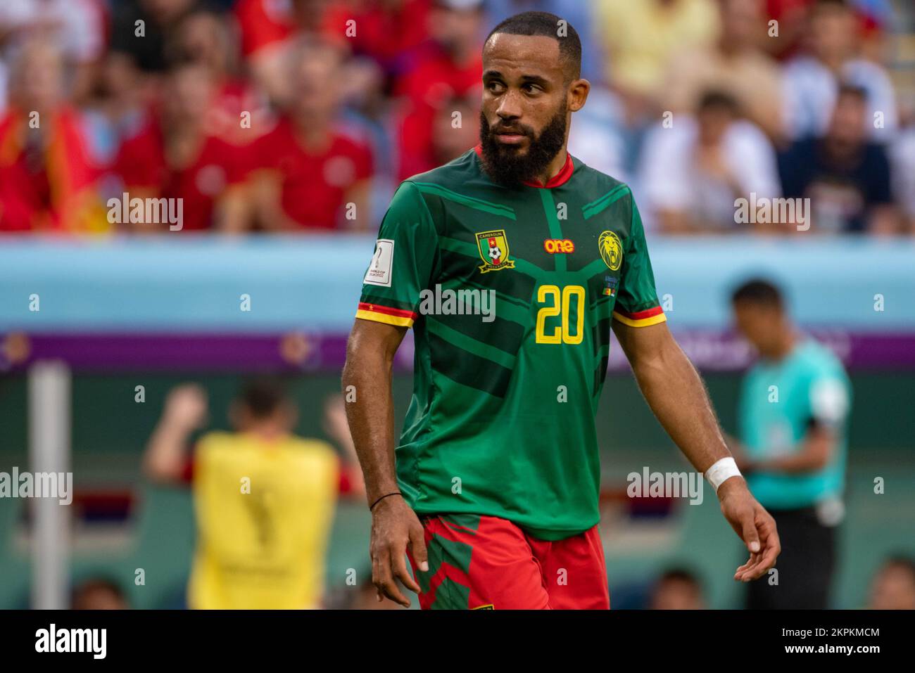 Bryan Mbeumo of Cameroon during the FIFA World Cup Qatar 2022 Group B match between Cameroon and Serbia at Al Janoub Stadium in Al-Wakrah, Qatar on November 28, 2022 (Photo by Andrew Surma/ SIPA USA) Stock Photo