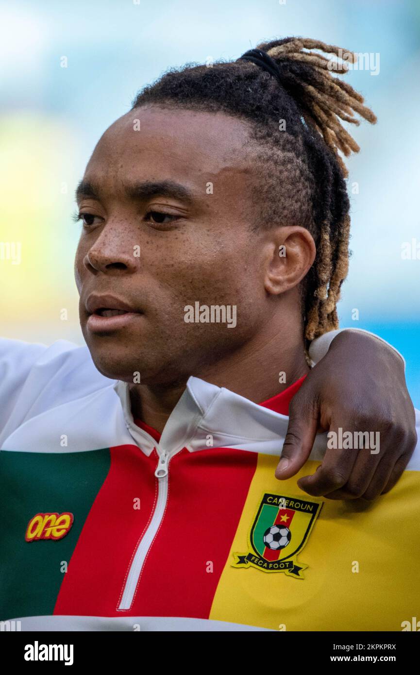 Pierre Kunde of Cameroon during the FIFA World Cup Qatar 2022 Group B match between Cameroon and Serbia at Al Janoub Stadium in Al-Wakrah, Qatar on November 28, 2022 (Photo by Andrew Surma/ SIPA USA) Stock Photo
