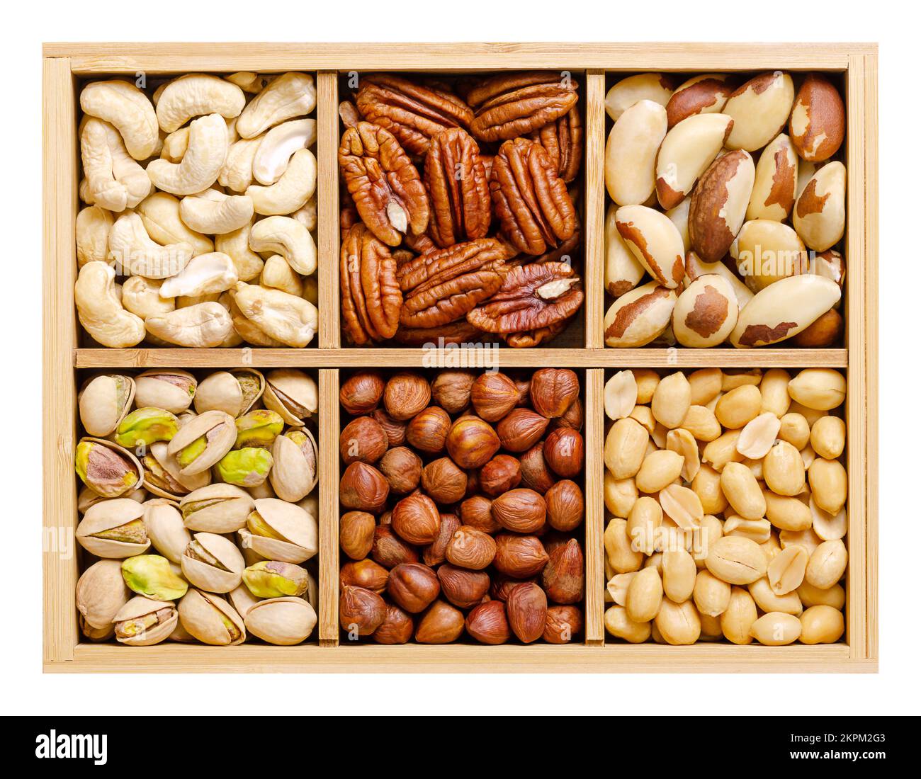 Mix of snack nuts, decorative assorted, presented in a wooden box