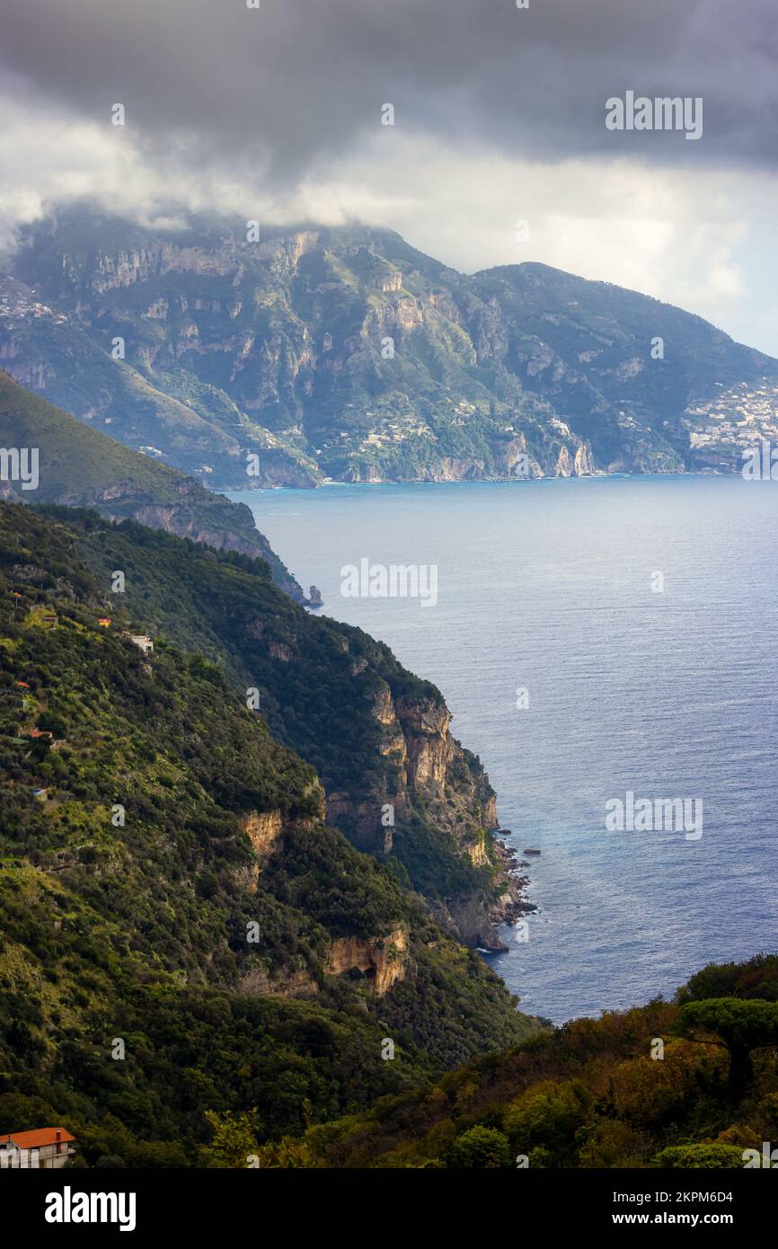 Rocky Cliffs and Mountain Landscape by the Tyrrhenian Sea. Amalfi Coast, Italy. Nature Background Stock Photo
