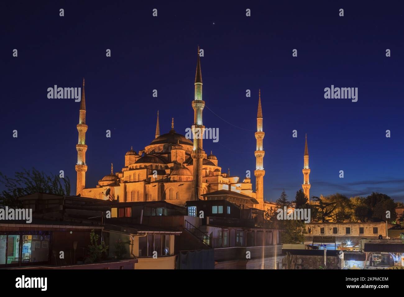 Night shot of Sultan Ahmet Mosque in Istanbul photographed at the blue ...