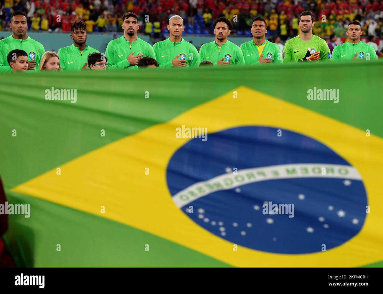 Brazil players line up for the national anthem before the FIFA World