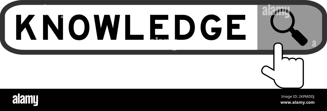 Search banner in word knowledge with hand over magnifier icon on white ...