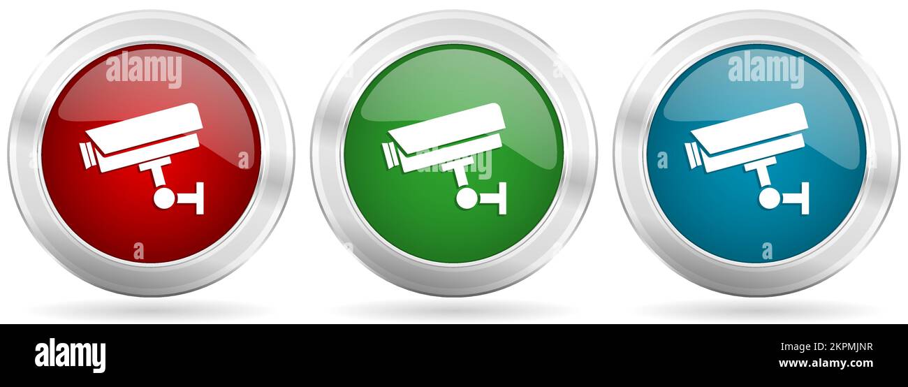Cctv camera vector icon set. Red, blue and green silver metallic web