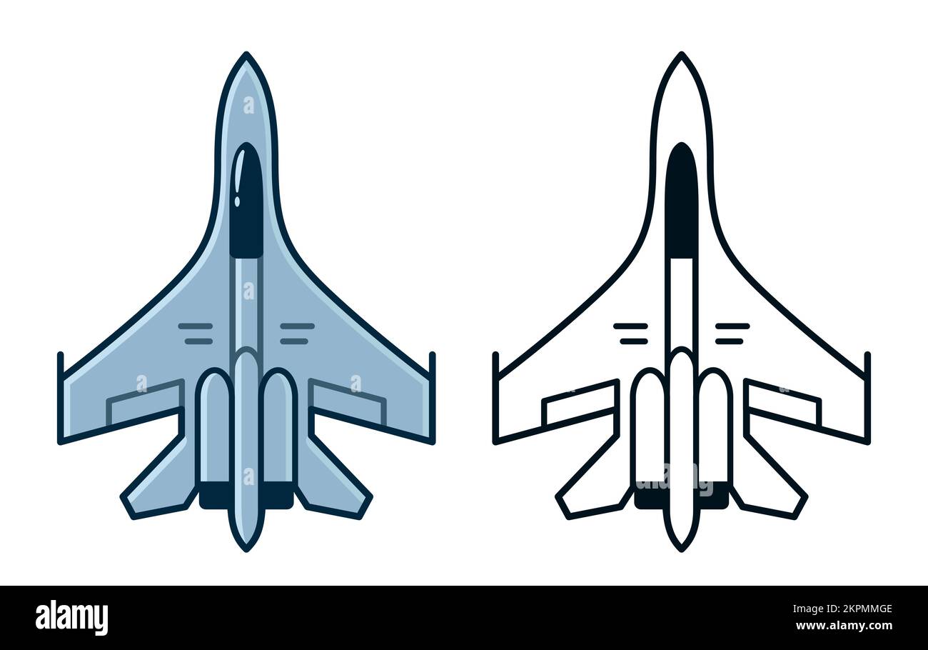 Military fighter jet. Cartoon color icon and black and white line art. Simple vector clip art illustration. Stock Vector