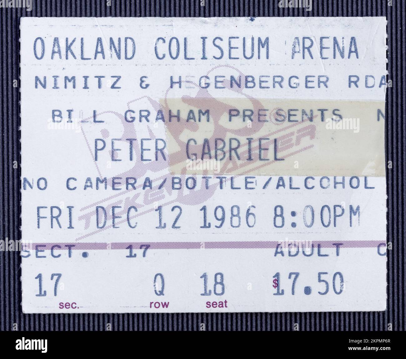 Oakland, California - December 12, 1986 - ticket stub for Peter Gabriel in So album tour at Oakland Coliseum Arena Stock Photo