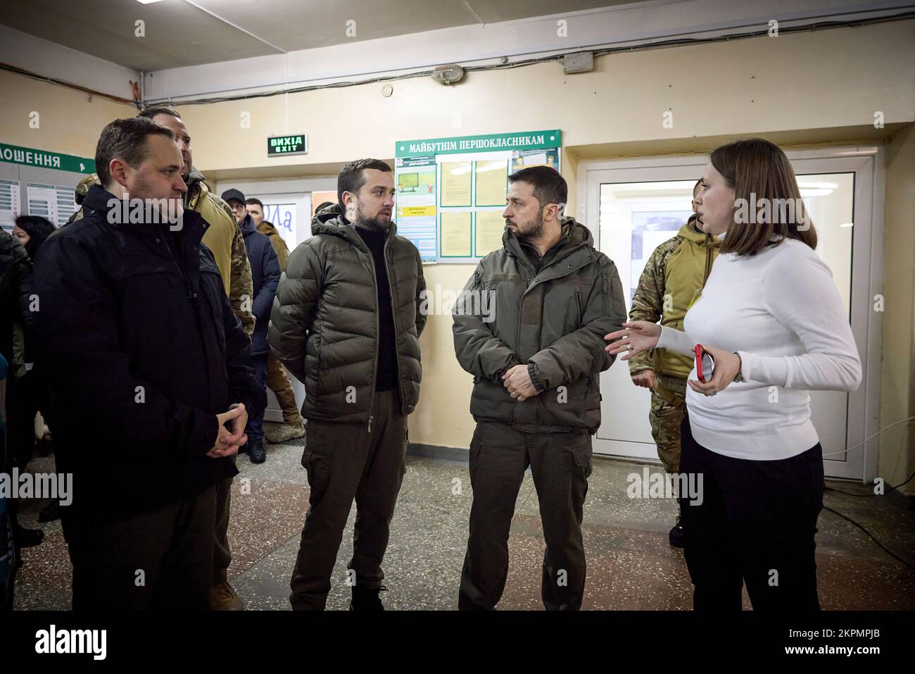 The President of Ukraine Volodymyr Zelensky visited the city of Vyshgorod, Kyiv region on a working trip and inspected a four-story residential building damaged by a Russian missile attack on November 23.  Head of Kyiv Regional Military Administration Oleksiy Kuleba reported to the Head of State about the scale of destruction caused by a Russian missile hitting the building. Six people have been killed and at least 30 people have been injured in this hit.  The victims are being provided with the necessary medical care. (Photo: Ukraine President's Office) Stock Photo