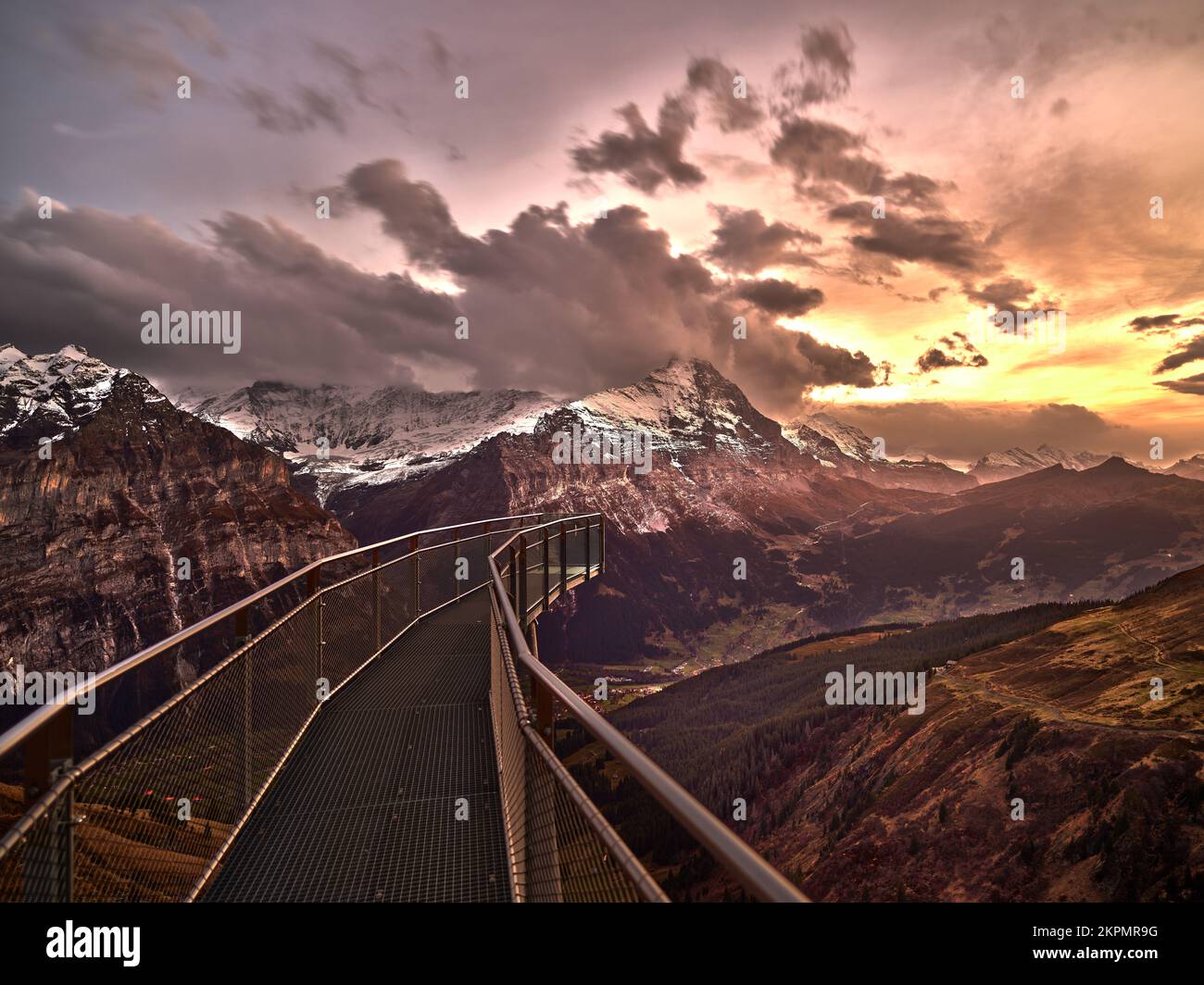 Footbridge leading to the Eiger at sunset, Bernese Alps, Grindelwald, Switzerland Stock Photo