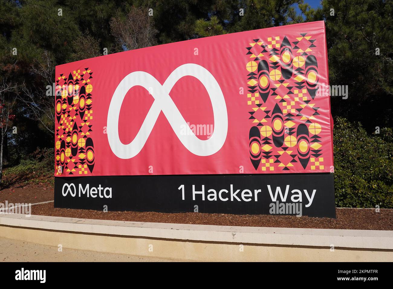 A sign at the entrance to Meta Platforms Headquarters (Facebook) at 1