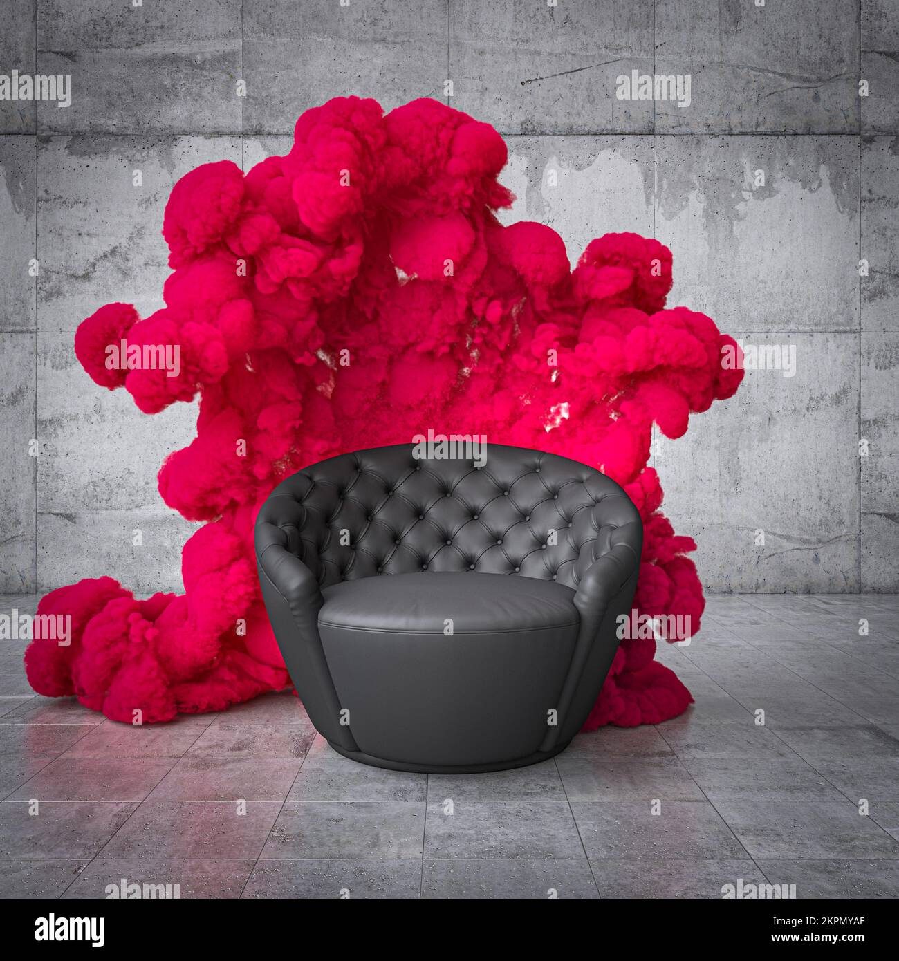 black leather armchair and magenta smoke in the background. 3d render Stock Photo