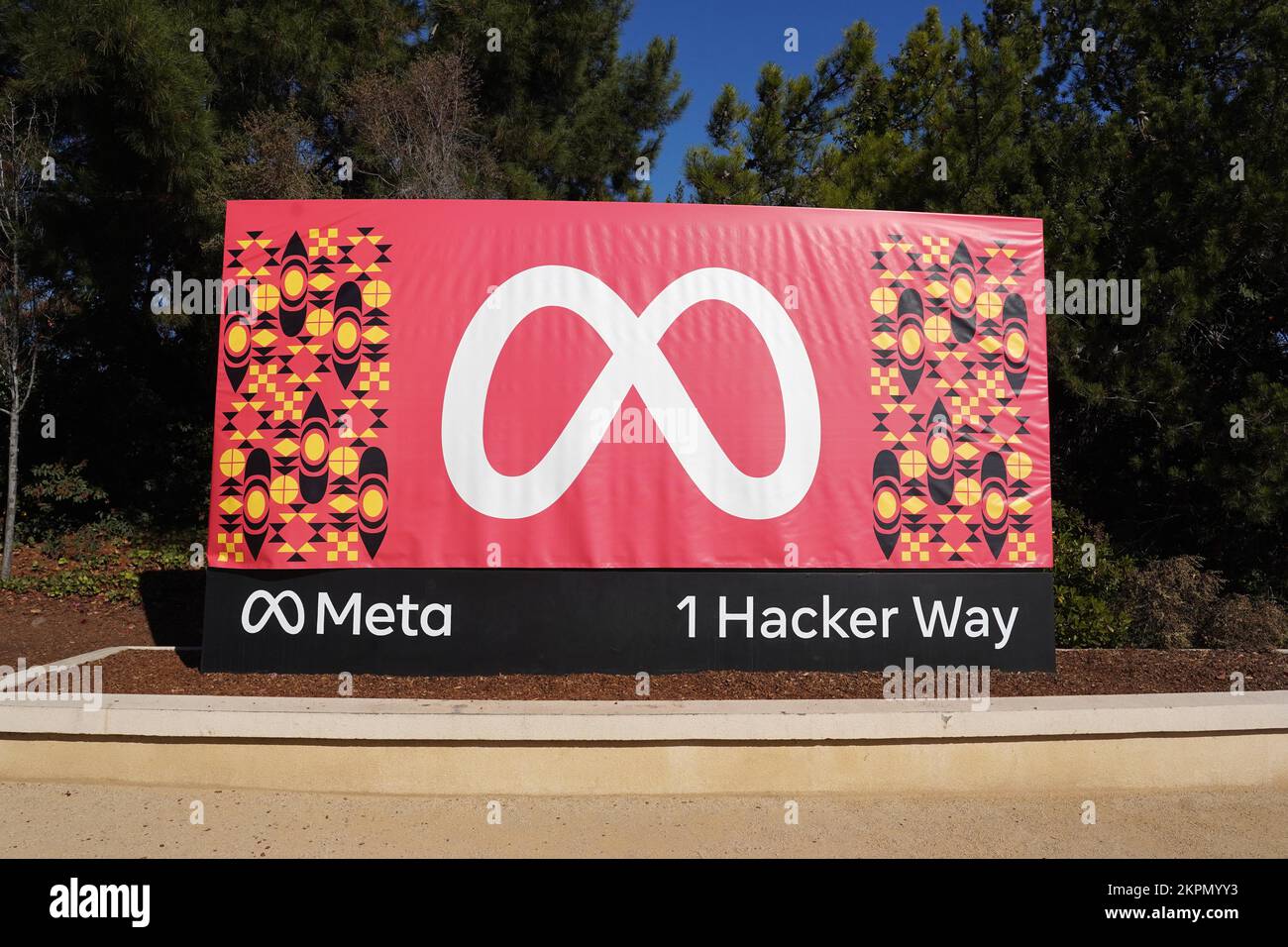 A sign at the entrance to Meta Platforms Headquarters (Facebook) at 1