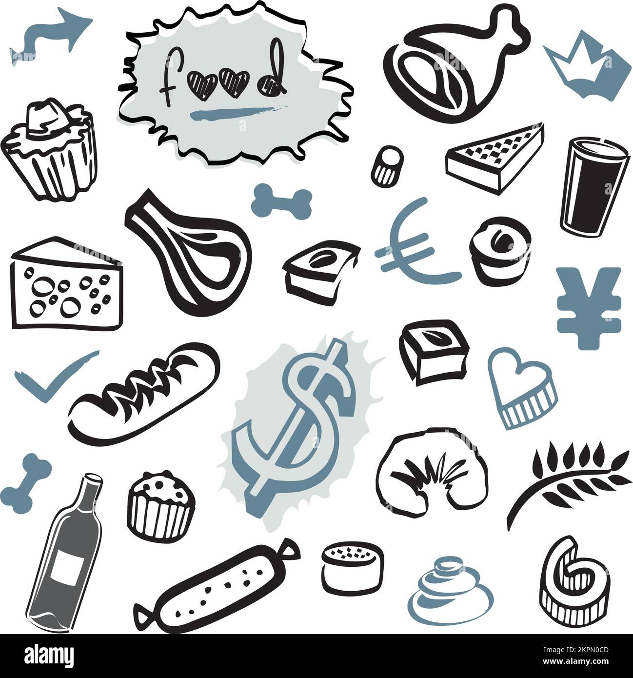 Set of Doodles - Food Elements and Objects Black and Blue Bottle, Wine and Pastries Stock Vector