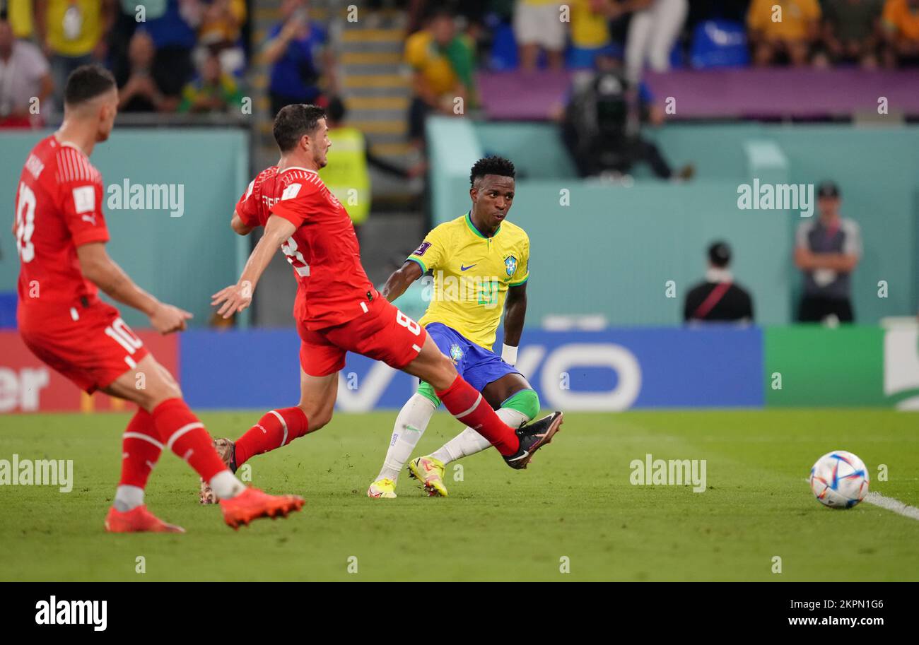 Brazil's Vinicius Junior scores, but the goal is ruled out by VAR for offside during the FIFA World Cup Group G match at Stadium 974 in Doha, Qatar. Picture date: Monday November 28, 2022. Stock Photo