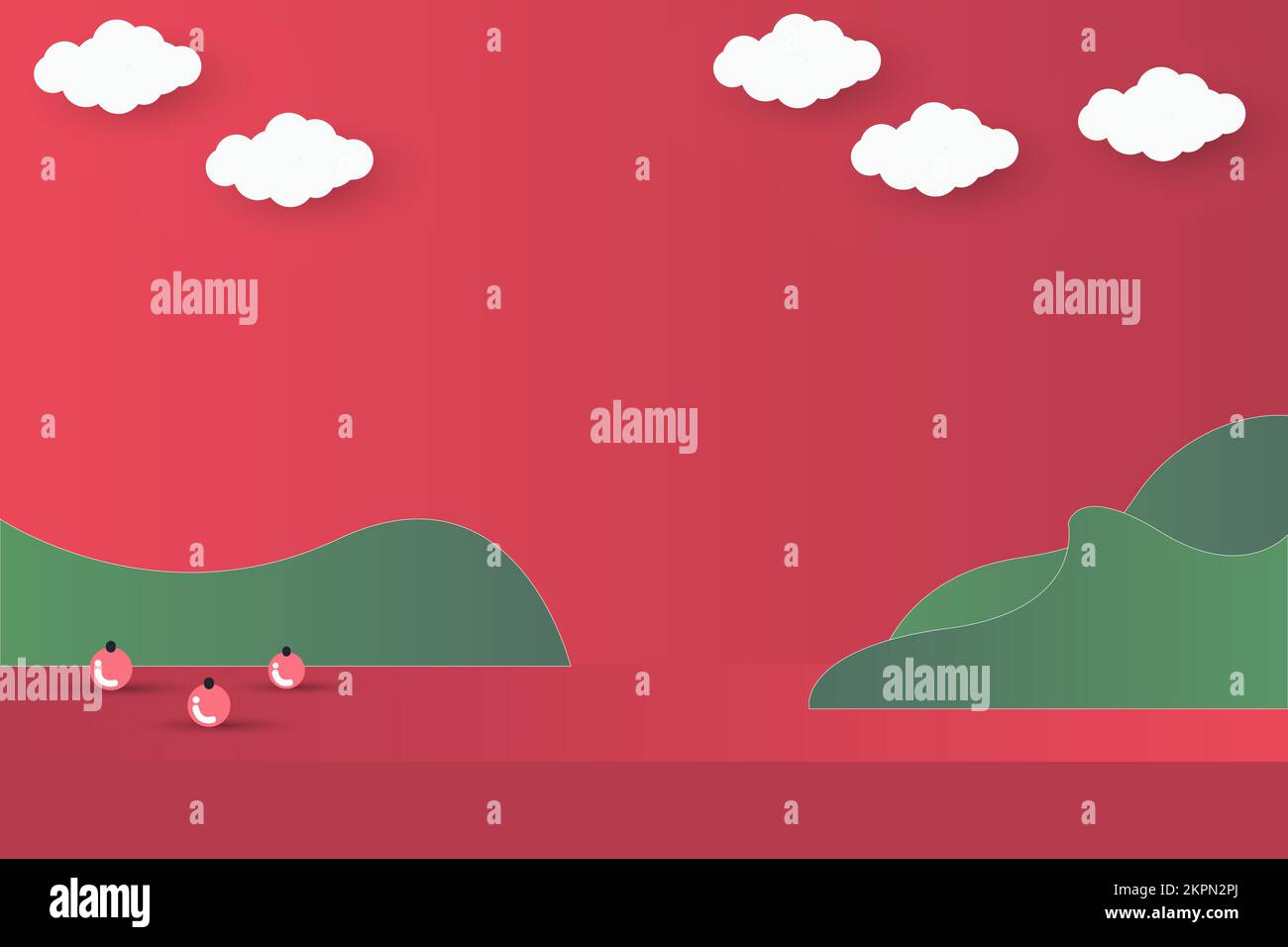 green christmas tree on red paper art abstract background with sky and ...