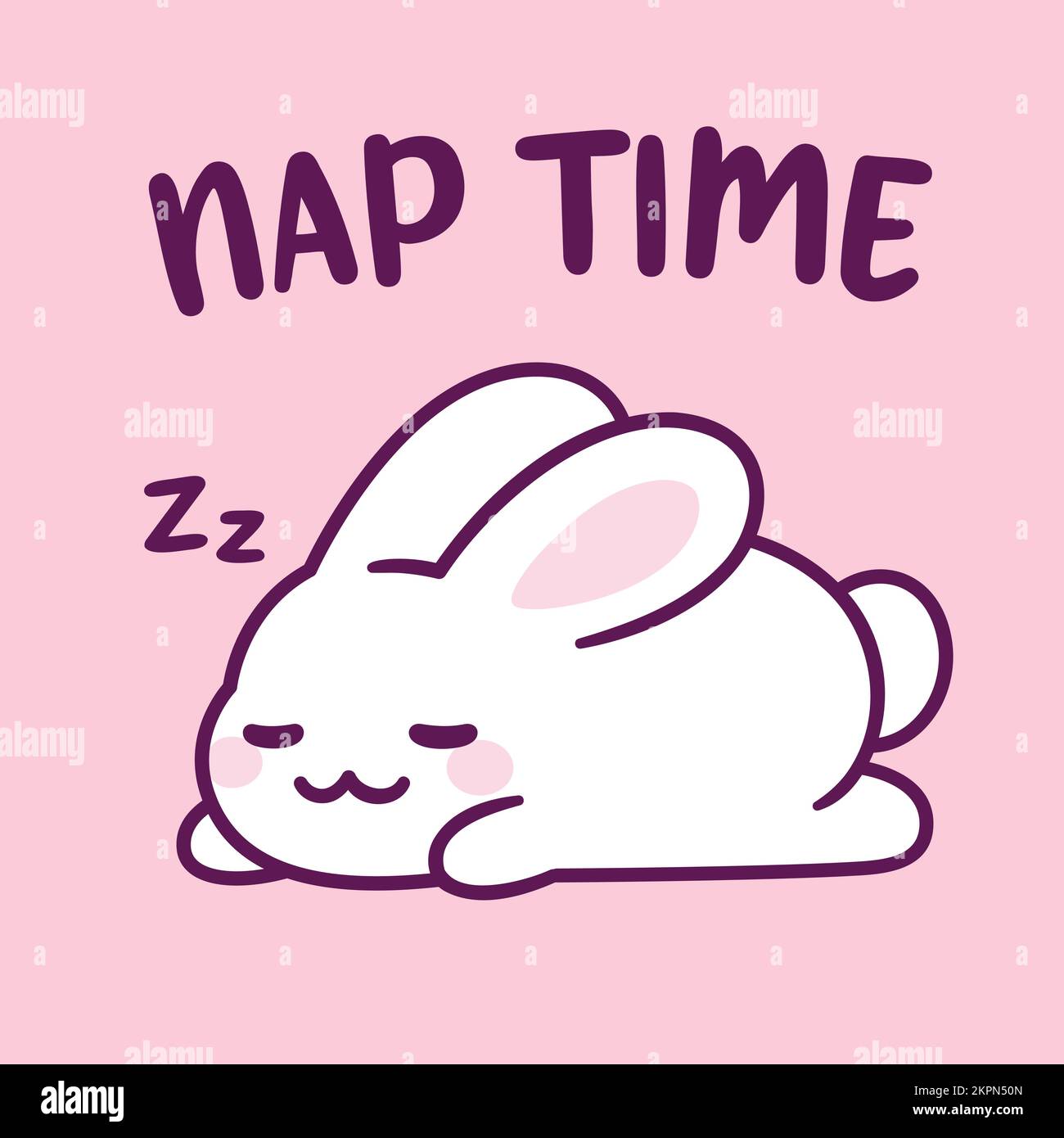 Cute cartoon rabbit sleeping with text Nap Time. Adorable kawaii bunny hand drawn doodle. Isolated vector clip art illustration. Stock Vector