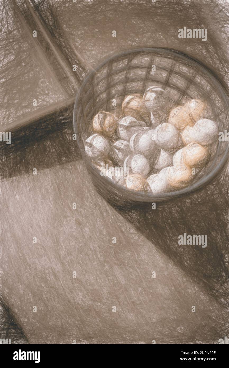 Digital fine art illustration on a bucket of golf balls. Driving range
