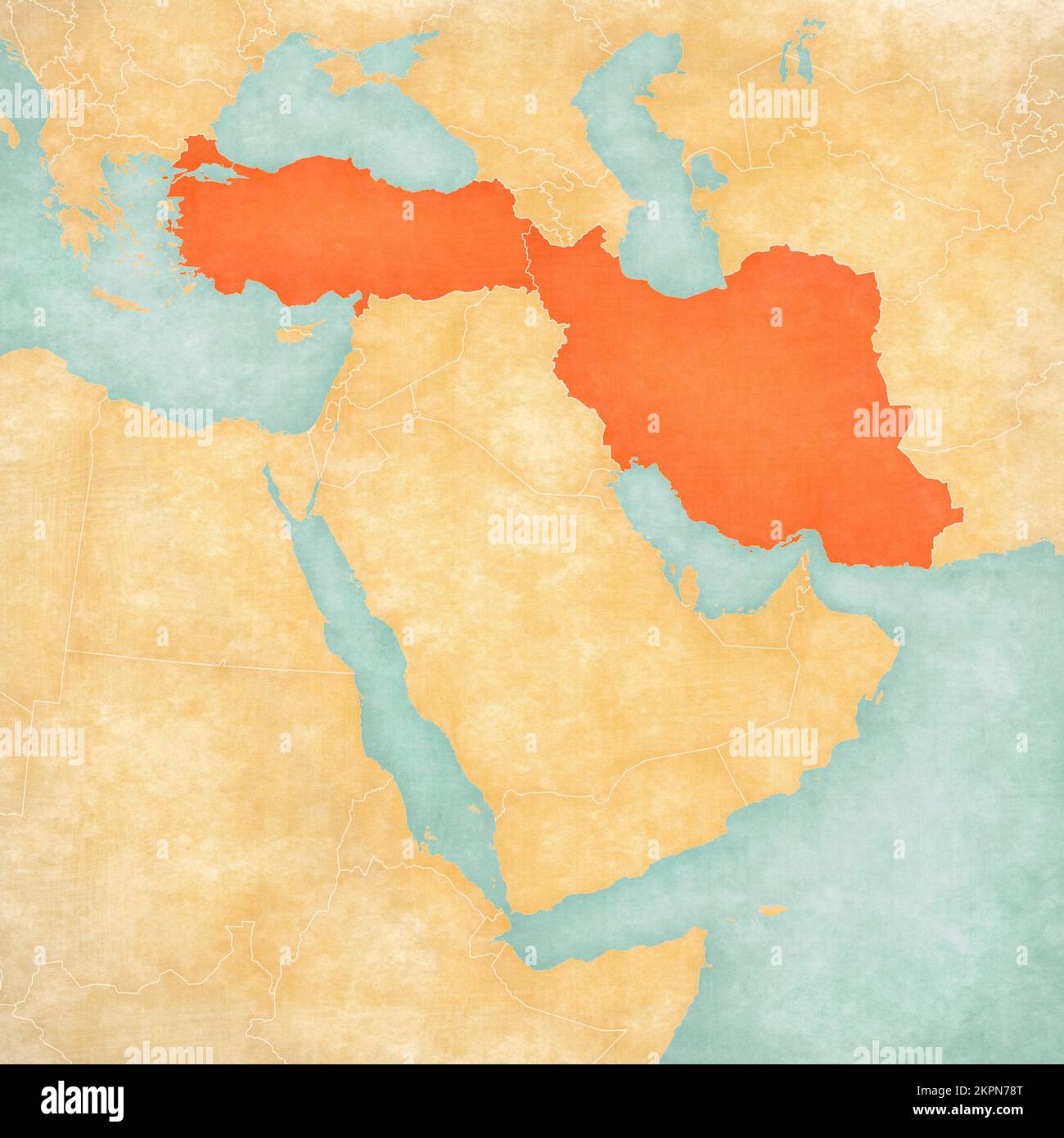 Turkey and Iran on the map of Middle East (Western Asia) in soft grunge