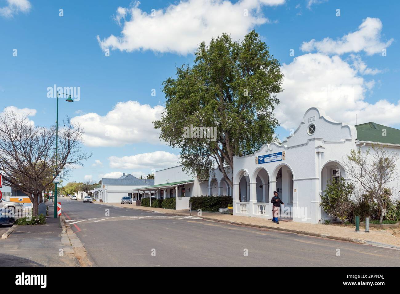 Stanford, South Africa - Sep 20, 2022: A street scene, with the historic library and other buildings, in Stanford in the Western Cape Province Stock Photo