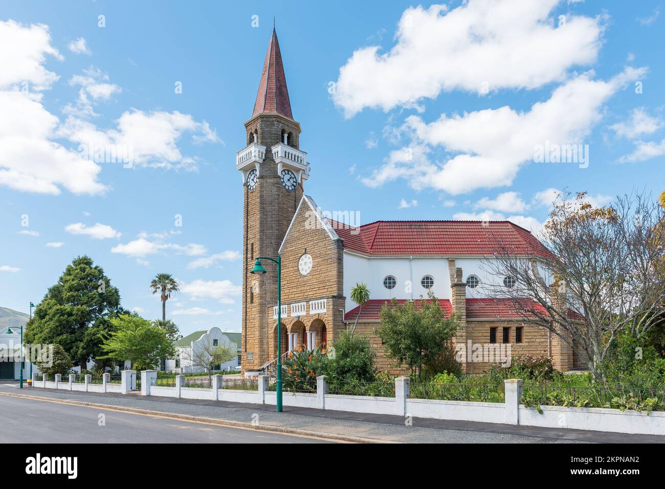 Stanford, South Africa - Sep 20, 2022: A street scene, with the Dutch Reformed Church, in Stanford in the Western Cape Province Stock Photo