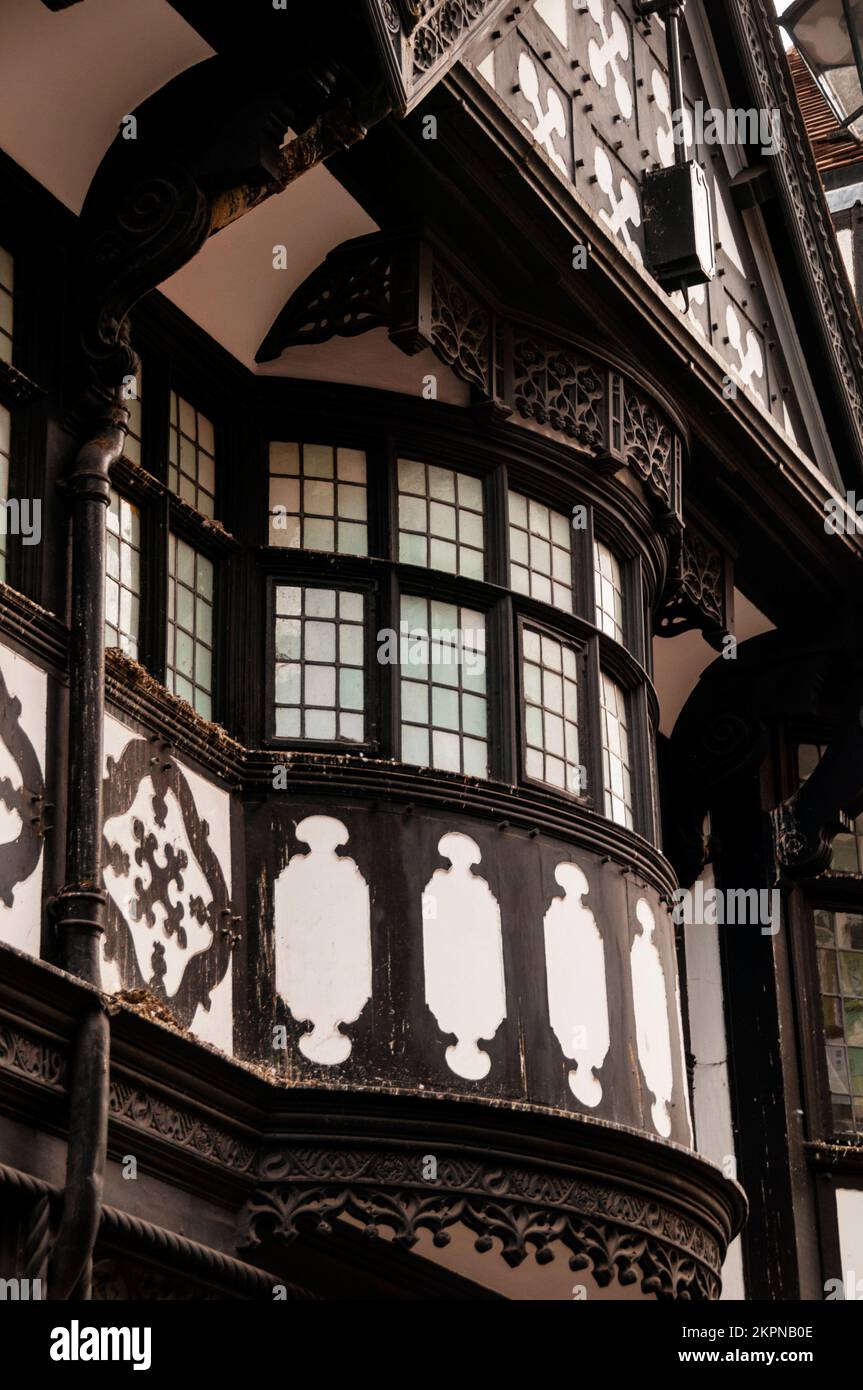 Bow window and pediment of a Black-and-white Revival timber frame  in the English town of Chester. Stock Photo