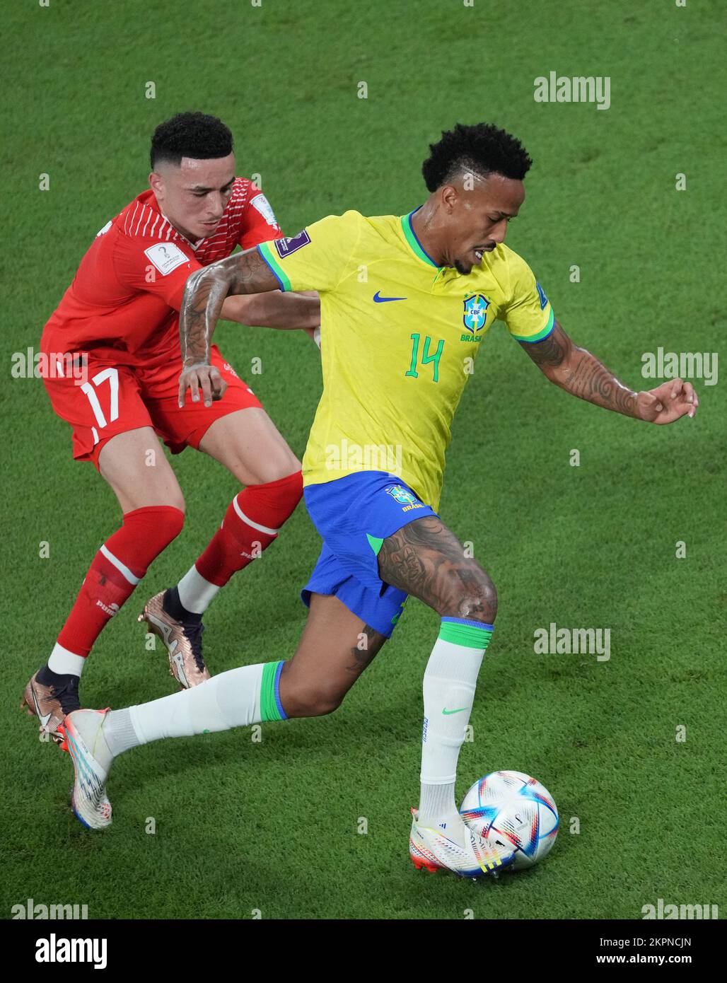 Doha, Qatar. 28th Nov, 2022. Eder Militao (R) of Brazil vies with Ruben Vargas of Switzerland during the Group G match between Brazil and Switzerland at the 2022 FIFA World Cup at Ras Abu Aboud (974) Stadium in Doha, Qatar, Nov. 28, 2022. Credit: Meng Yongmin/Xinhua/Alamy Live News Stock Photo