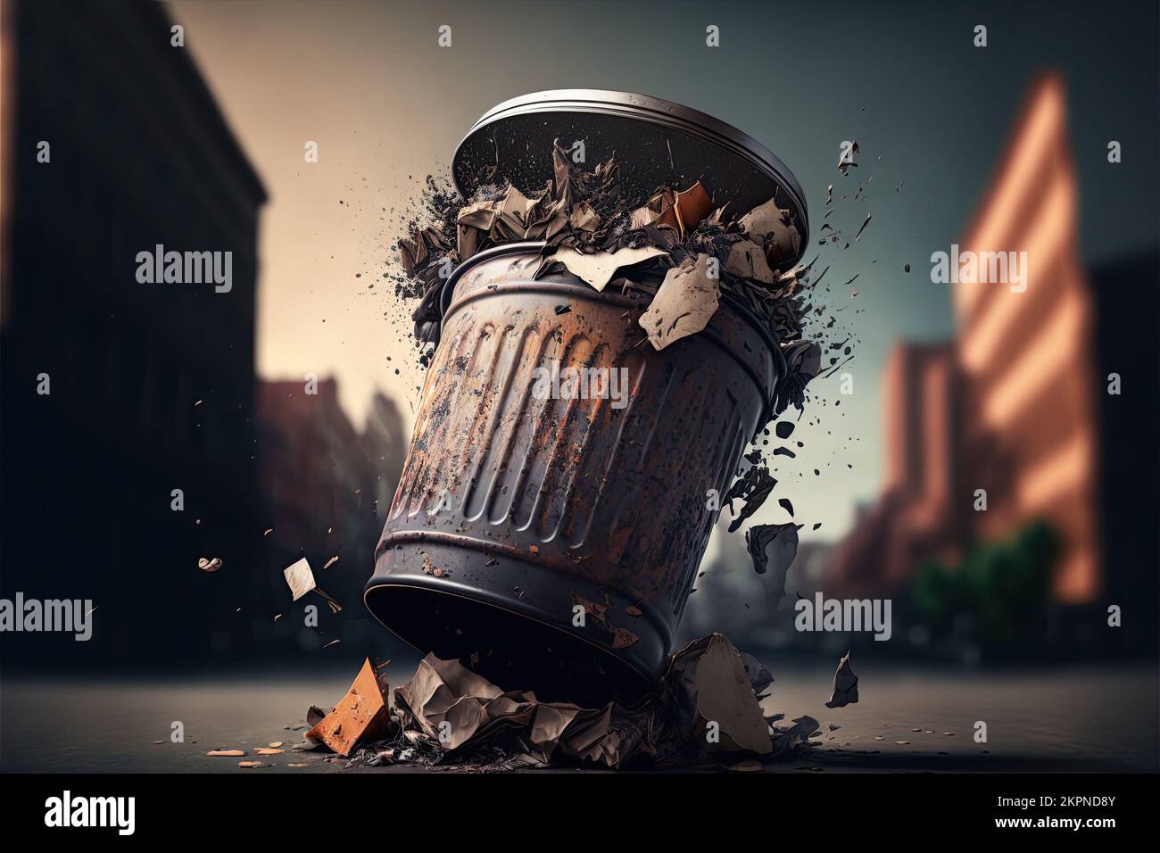 An urban environment is shown, in which rubbish is scattered around a