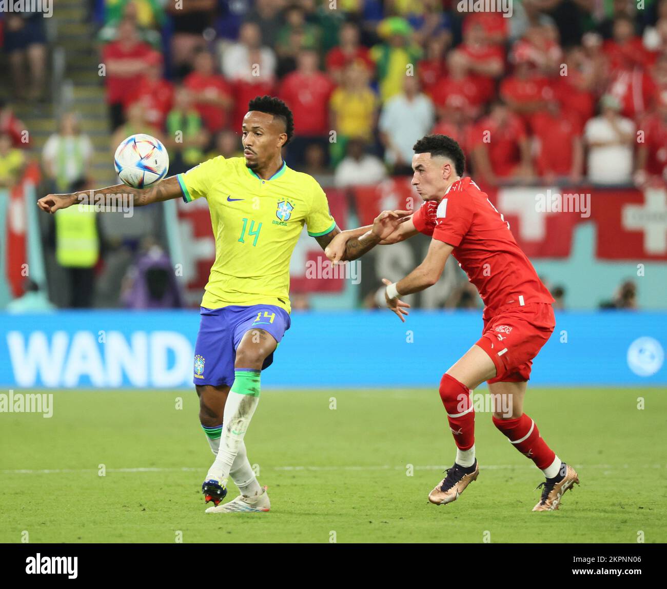 Doha, Qatar. 28th Nov, 2022. Eder Militao (L) of Brazil competes during the Group G match between Brazil and Switzerland at the 2022 FIFA World Cup at Ras Abu Aboud (974) Stadium in Doha, Qatar, Nov. 28, 2022. Credit: Lan Hongguang/Xinhua/Alamy Live News Stock Photo