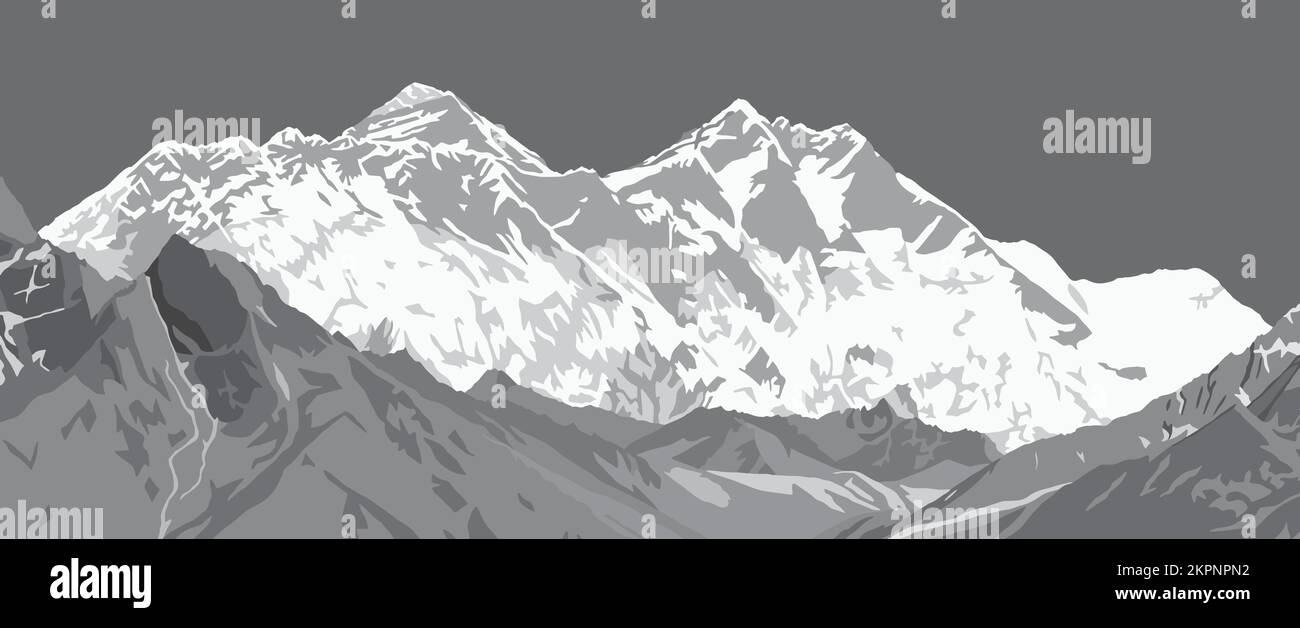 Mount Lhotse and Nuptse south rock face and top of Mt Everest, black and white vector illustration, Khumbu valley, Everest area, Nepal himalayas mount Stock Vector